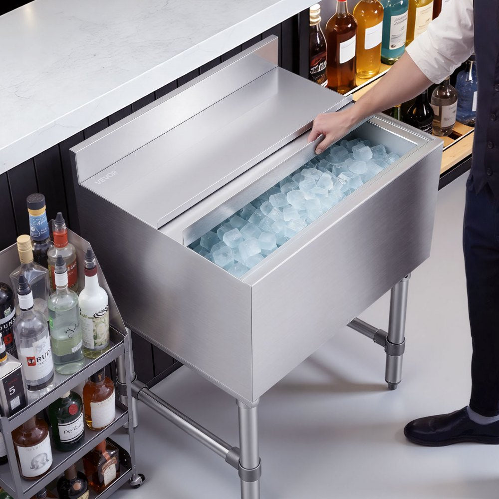 VEVOR Commercial Ice Bin, 65.1 Qt Max Capacity, 24 x 19 x 33 Inch Stainless Steel Ice Chest with Sliding Lid and Bottle Holders, Cooler Cart Cocktail Unit for Bar Restaurant Pub, NSF Certified