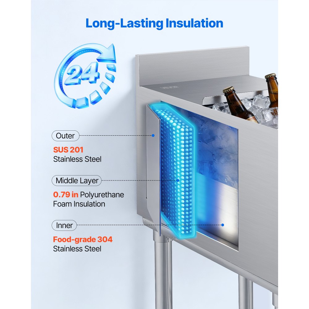 VEVOR Commercial Ice Bin, 39.6 Qt Max Capacity, 12 x 24 x 33 Inch Stainless Steel Ice Chest with Sliding Lid, 24H Long-Lasting Insulation, Cooler Cart Cocktail Unit for Bar Restaurant Pub, NSF