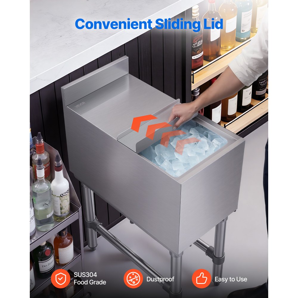 VEVOR Commercial Ice Bin, 39.6 Qt Max Capacity, 12 x 24 x 33 Inch Stainless Steel Ice Chest with Sliding Lid, 24H Long-Lasting Insulation, Cooler Cart Cocktail Unit for Bar Restaurant Pub, NSF