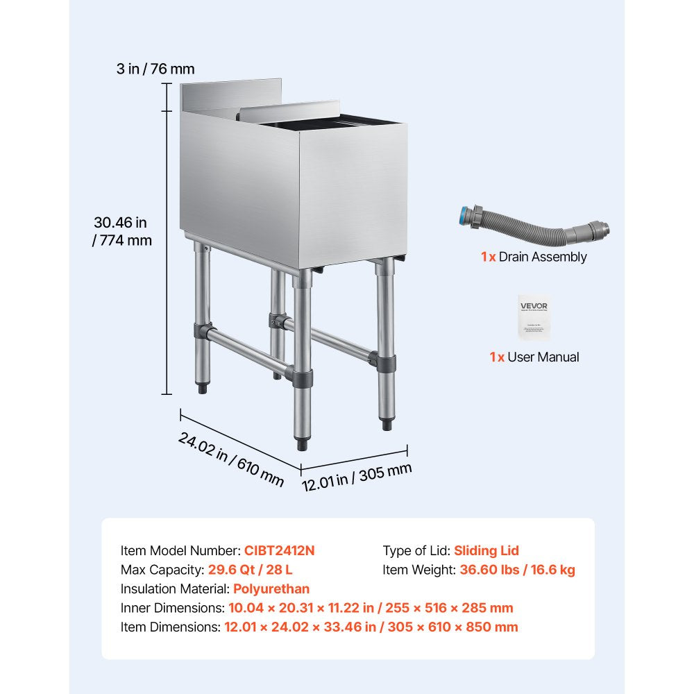 VEVOR Commercial Ice Bin, 39.6 Qt Max Capacity, 12 x 24 x 33 Inch Stainless Steel Ice Chest with Sliding Lid, 24H Long-Lasting Insulation, Cooler Cart Cocktail Unit for Bar Restaurant Pub, NSF