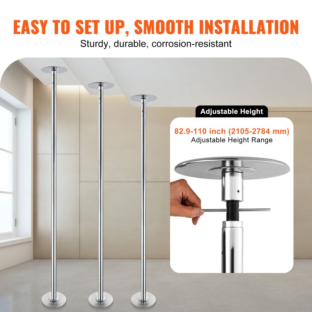 VEVOR Professional Dancing Pole, Spinning Static Dancing Pole Kit, Portable Removable Pole, 45mm Heavy-Duty Stainless Steel Pole, Height Adjustable Fitness Pole, for Exercise Home Club Gym, Silver
