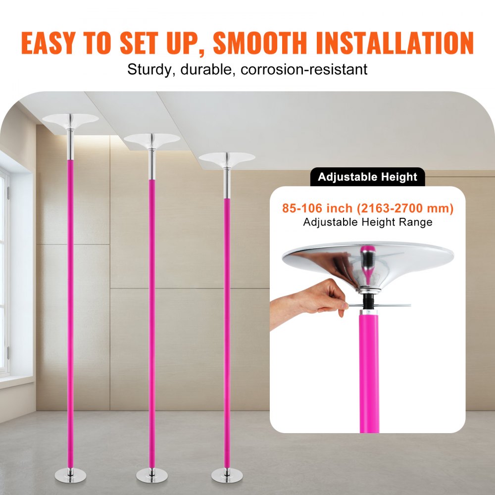 VEVOR Professional Dancing Pole, Spinning Static Dancing Pole Kit, Portable Removable Pole, 40mm Heavy-Duty Stainless Steel Pole, Height Adjustable Fitness Pole, for Exercise Home Club Gym, Pink