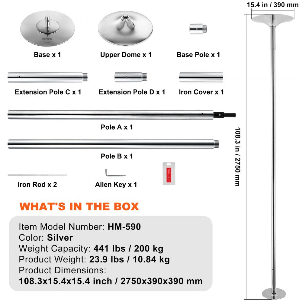 VEVOR Professional Dancing Pole, Spinning Static Dancing Pole Kit, Portable Removable Pole, 45mm Heavy-Duty Stainless Steel Pole, Height Adjustable Fitness Pole, for Exercise Home Club Gym, Silver
