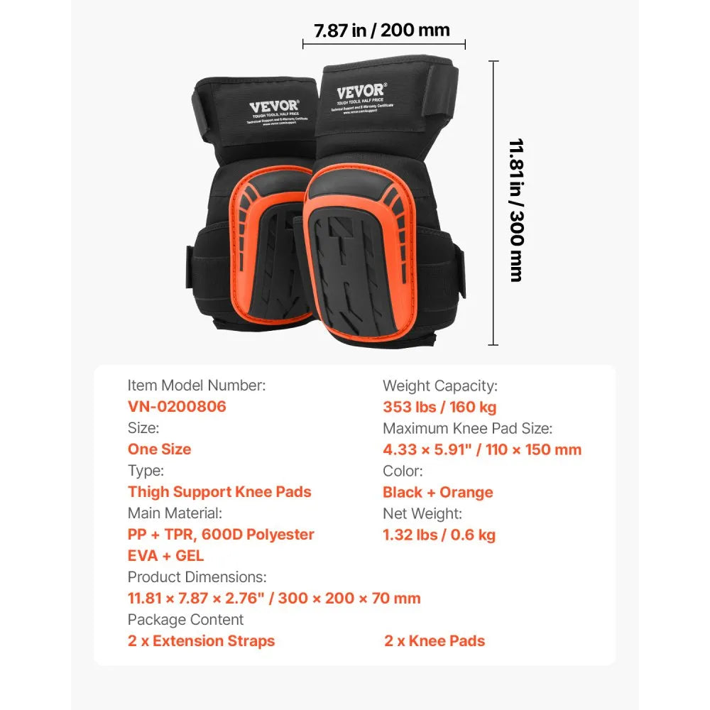 VEVOR Knee Pads for Work, Extended Heavy Duty Construction Knee Pads with 2 Extension Straps, Anti-slip Foam Gel Knee Pads, Men & Women, for Gardening Flooring Roofing and Cleaning, Black and Orange