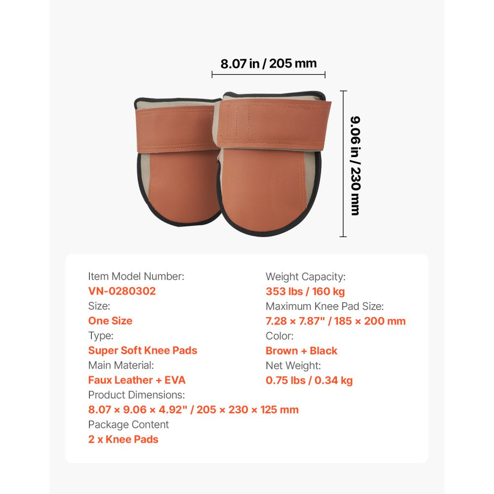 VEVOR Knee Pads for Work, Durable Leather Construction Pads, Machine Washable Work Knee Pads, Easy to Wear and Take off, Extra Thick Knee Support for Gardening Flooring and Cleaning, Black and Brown