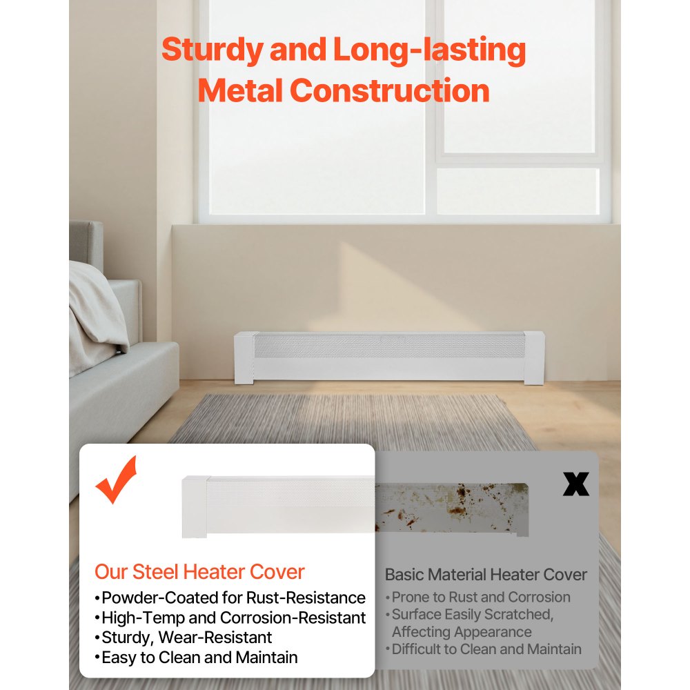 VEVOR Baseboard Heater Covers, Basic Series 4 ft Standard Electric Heating Unit Front Cover for Home Improvement, Heavy-duty Steel, Easy Installation for Bedroom Replacing Old Cover, White
