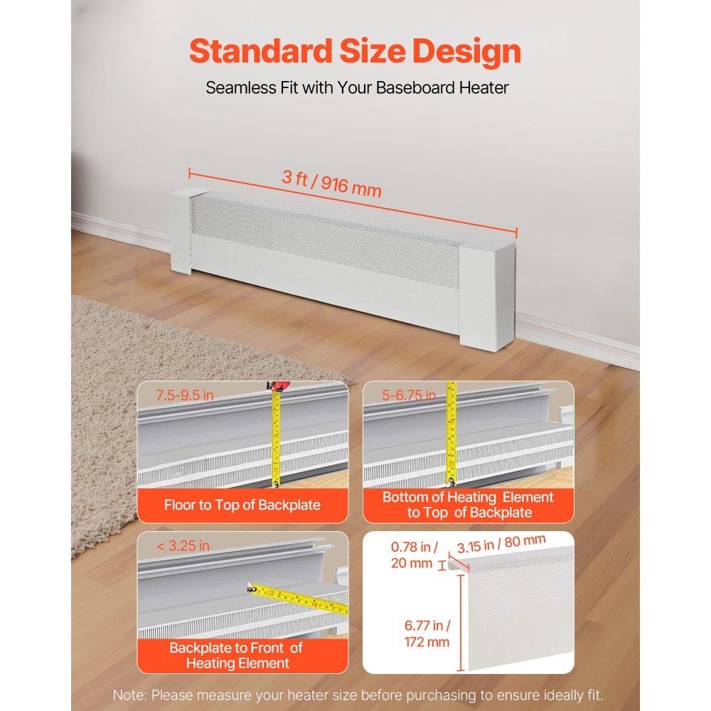 VEVOR Baseboard Heater Covers, Basic Series 3 ft Standard Electric Heating Unit Front Cover for Home Improvement, Heavy-duty Steel, Easy Installation for Bedroom Replacing Old Cover, White