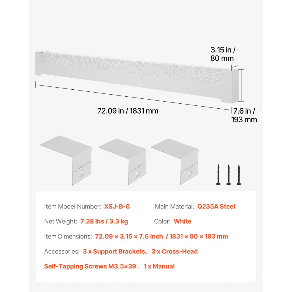 VEVOR Baseboard Heater Covers, Basic Series 6 ft Standard Electric Heating Unit Front Cover for Home Improvement, Heavy-duty Steel, Easy Installation for Bedroom Replacing Old Cover, White