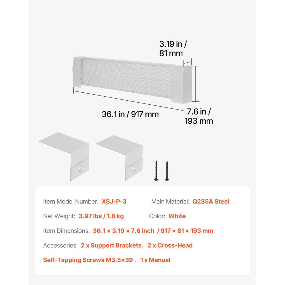 VEVOR Baseboard Heater Covers, Premium Series 3 ft Standard Electric Heating Unit Front Cover for Home Improvement, Heavy-duty Steel, Easy Installation for Bedroom Replacing Old Cover, White