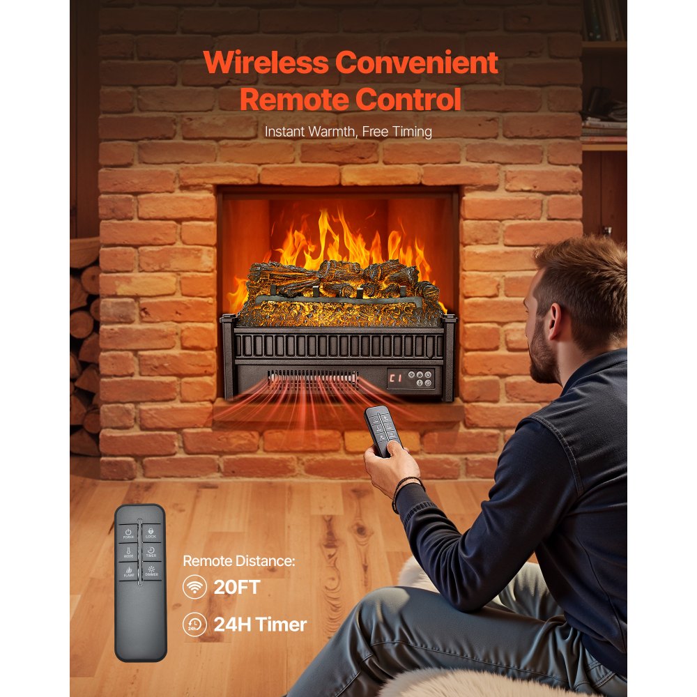 VEVOR Electric Fireplace Log, 20 inch Fireplace Insert Log Heater, with Remote Controller, 5 Adjustable Flame Brightness, 24H Timer, Overheat Protection, Thermostat, for Home and Office Decor Black