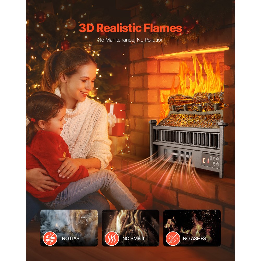 VEVOR Electric Fireplace Log, 20 inch Fireplace Insert Log Heater, with Remote Controller, 5 Adjustable Flame Brightness, 24H Timer, Overheat Protection, Thermostat, for Home and Office Decor Black