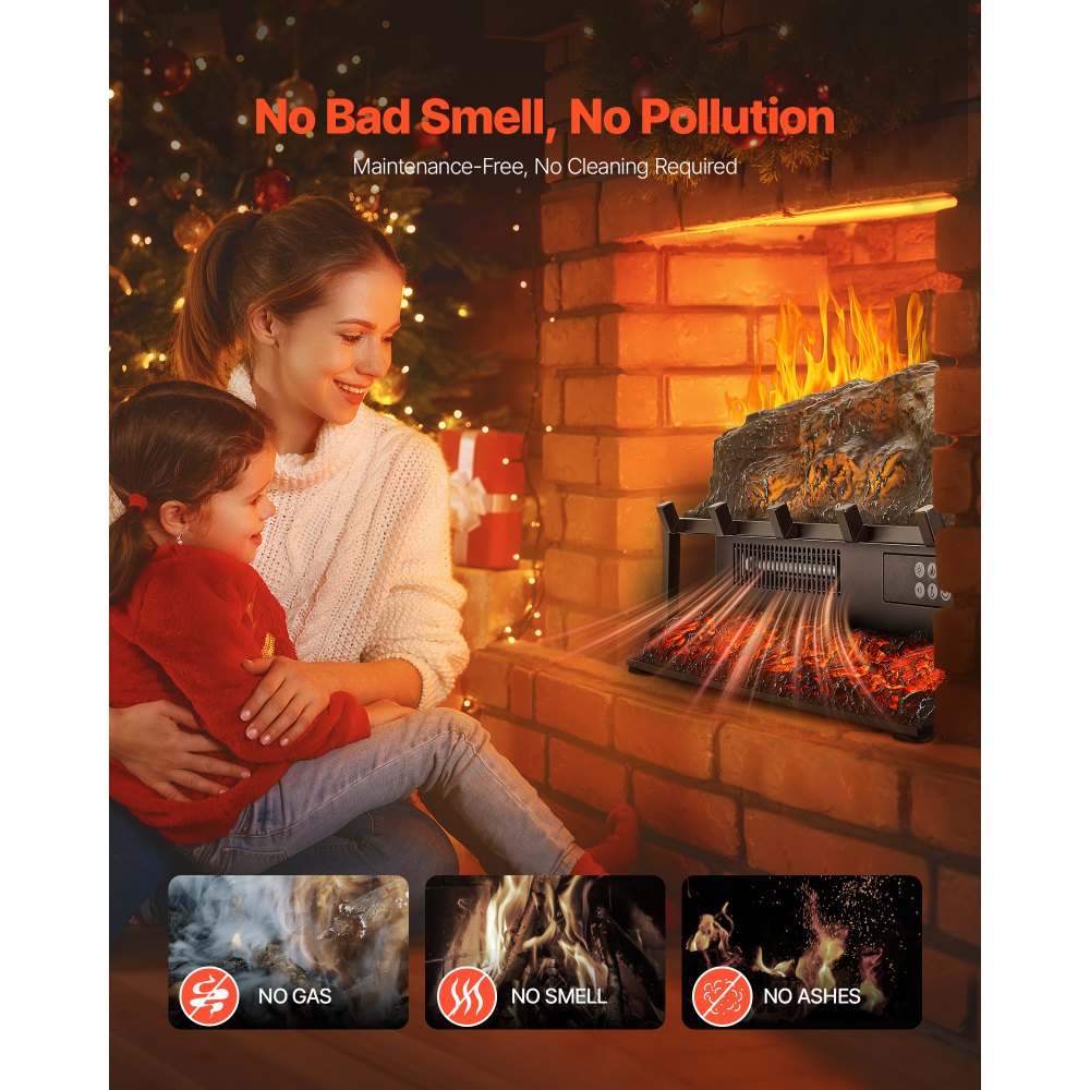 VEVOR Electric Fireplace Log, 23 inch Fireplace Insert Log Heater, with Crackling Sound,Remote Controller, 5 Adjustable Flame Brightness, Timer, Overheat Protection, Thermostat, for Home Decor Black