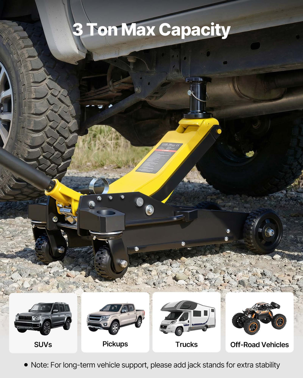 VEVOR floor jack 3 ton max capacity application image (SUVs, pickups, trucks, off-road vehicles)