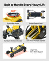 VEVOR floor jack build features (quick-align saddle, bottom support plate, aluminum steel construction, leak-proof hydraulic cylinder)