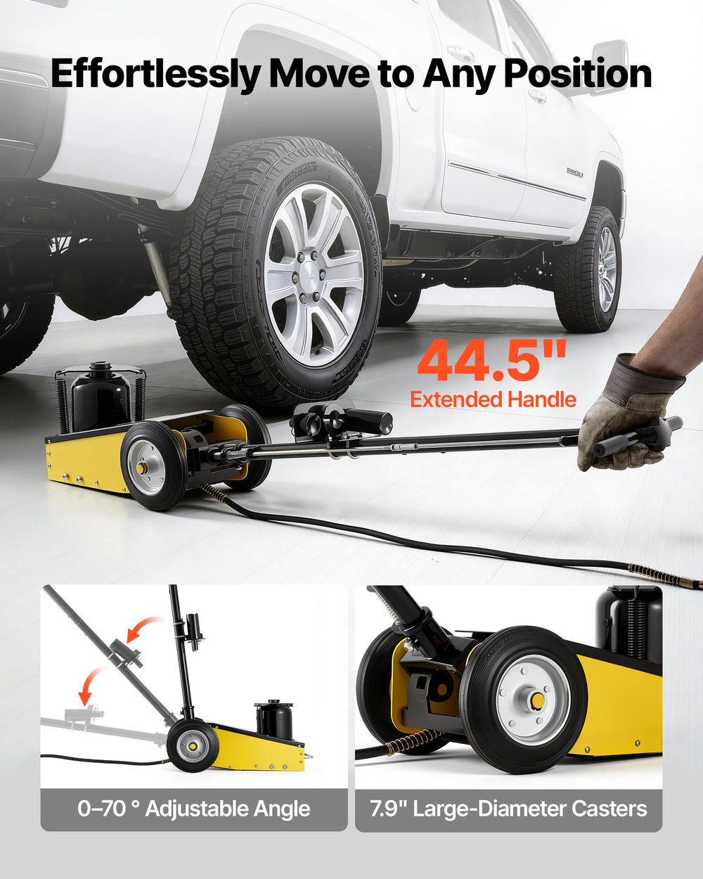 VEVOR floor jack mobility features: 44.5 in handle, 0-70° adjustable angle, 7.9 in casters