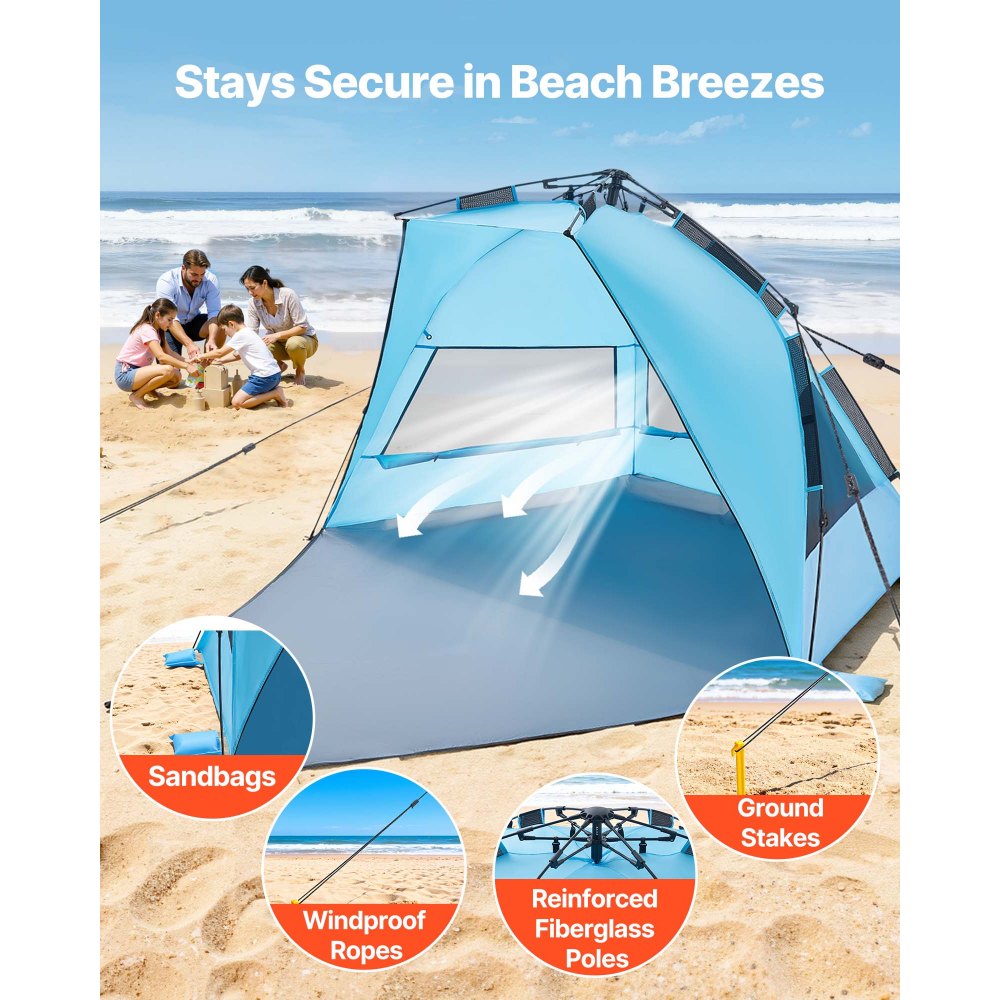 VEVOR Beach Tent Sun Shelter for 4 Person, Pop Up Beach Tent UPF 50+ Protection, Portable Sun Shade Canopy with Carrying Bag and Sand Pockets, Easy Setup Umbrella for Camping Fishing Outdoor Picnic
