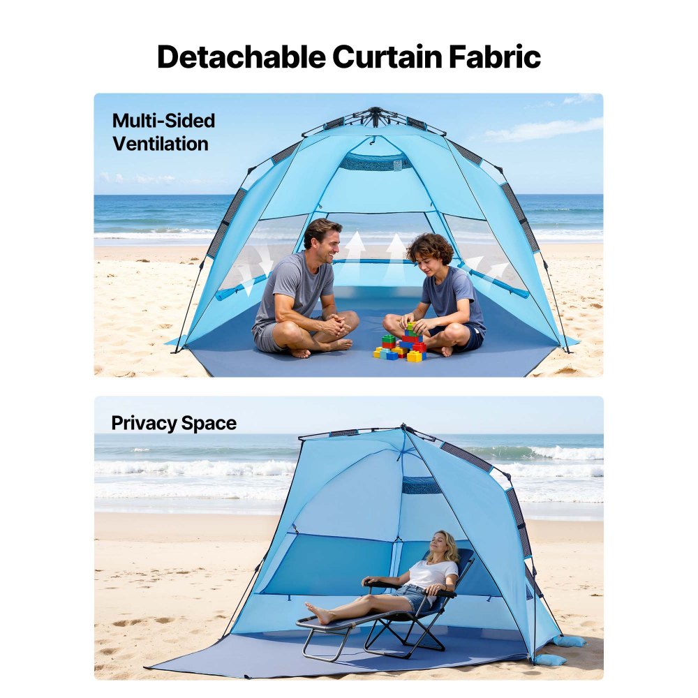 VEVOR Beach Tent Sun Shelter for 4 Person, Pop Up Beach Tent UPF 50+ Protection, Portable Sun Shade Canopy with Carrying Bag and Sand Pockets, Easy Setup Umbrella for Camping Fishing Outdoor Picnic