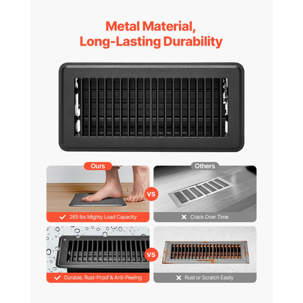 VEVOR 4 x 10 Inch Floor Registers, 12-Pack Vent Grilles, HAVC Heavy-Duty Walkable Iron Floor Vents, Easily Adjustable Rust-Proof Air Vents Deflector with Metal Damper, Ideal for Home & Office, Black