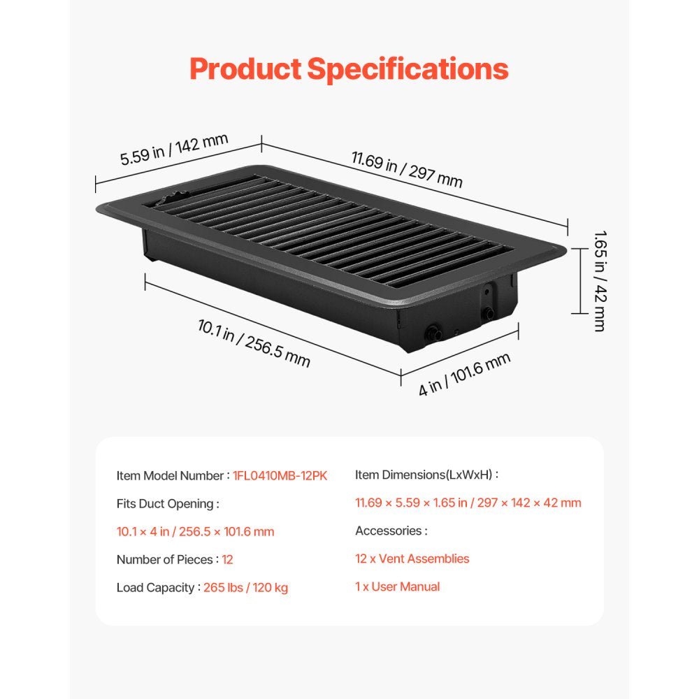 VEVOR 4 x 10 Inch Floor Registers, 12-Pack Vent Grilles, HAVC Heavy-Duty Walkable Iron Floor Vents, Easily Adjustable Rust-Proof Air Vents Deflector with Metal Damper, Ideal for Home & Office, Black