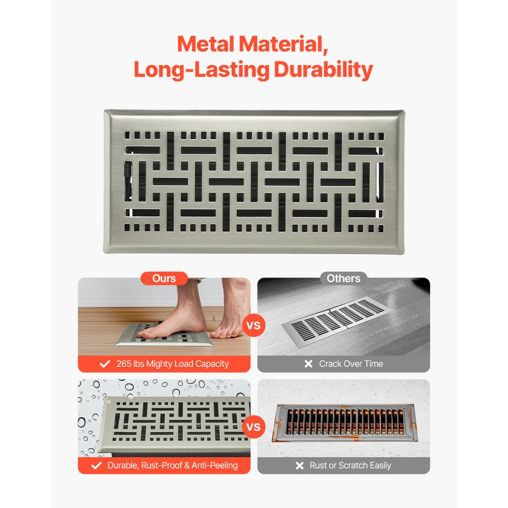 VEVOR 4 x 10 Inch Floor Registers, 2-Pack Vent Grilles, HVAC Heavy-Duty Walkable Iron Floor Vents, Easily Adjustable Rust-Proof Air Vents Deflector with Metal Damper, for Home & Office, Nickel-Plated