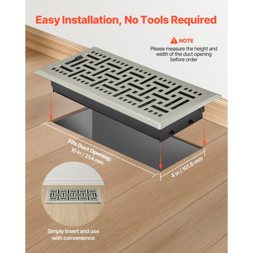 VEVOR 4 x 10 Inch Floor Registers, 2-Pack Vent Grilles, HVAC Heavy-Duty Walkable Iron Floor Vents, Easily Adjustable Rust-Proof Air Vents Deflector with Metal Damper, for Home & Office, Nickel-Plated