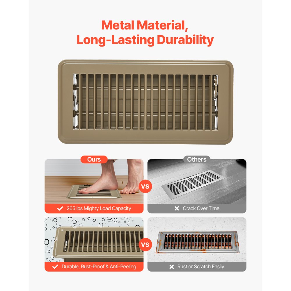 VEVOR 4 x 10 Inch Floor Registers, 6-Pack Vent Grilles, HVAC Heavy-Duty Walkable Iron Floor Vents, Easily Adjustable Rust-Proof Air Vents Deflector with Metal Damper, Ideal for Home & Office, Brown