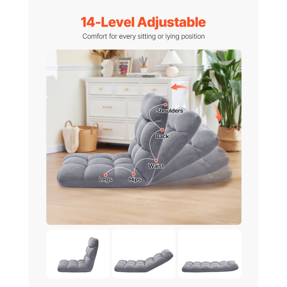 VEVOR Floor Chair, Recycled Foam Folding Sofa Chair with 14 Adjustable Positions, Multifunctional Floor Chair with Back Support Ideal for Sleeping Reading, Floor Gaming Chair Suitable for Kids, Gray