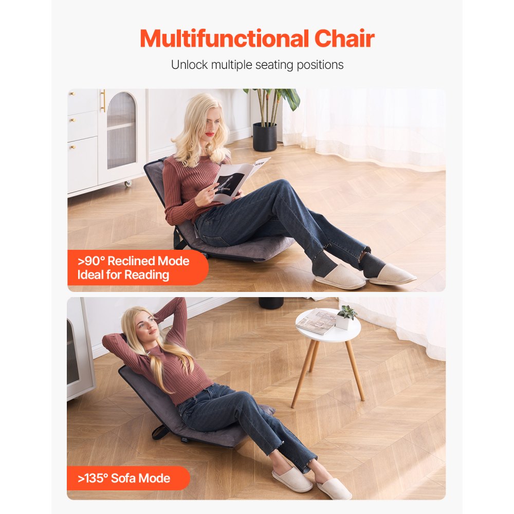 VEVOR Floor Chair, 6-Position Adjustable Meditation Chair with Back Support, Folding Sofa Chair for Reading TV Watching and Gaming, Portable Floor Seat Lounge Sofa Chair for Kids Teens Adults, Gray