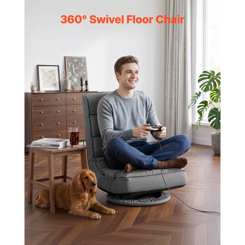 VEVOR Swivel Floor Gaming Chair, 360-Degree Rotating Floor Chair with 4 Adjustable Position Folding Backrest, Metal Frame with Recycled Foam and Linen Fabric, for Watching TV, Reading, Relaxing, Gray