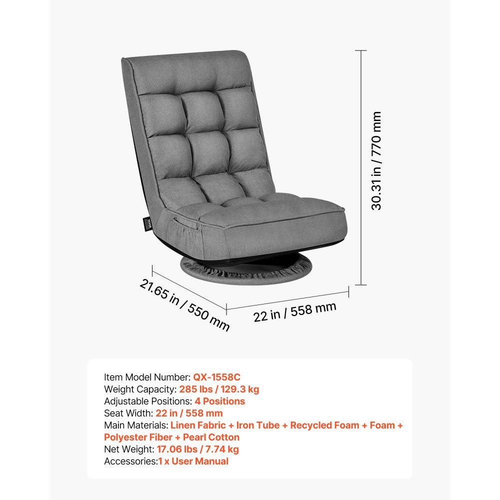 VEVOR Swivel Floor Gaming Chair, 360-Degree Rotating Floor Chair with 4 Adjustable Position Folding Backrest, Metal Frame with Recycled Foam and Linen Fabric, for Watching TV, Reading, Relaxing, Gray