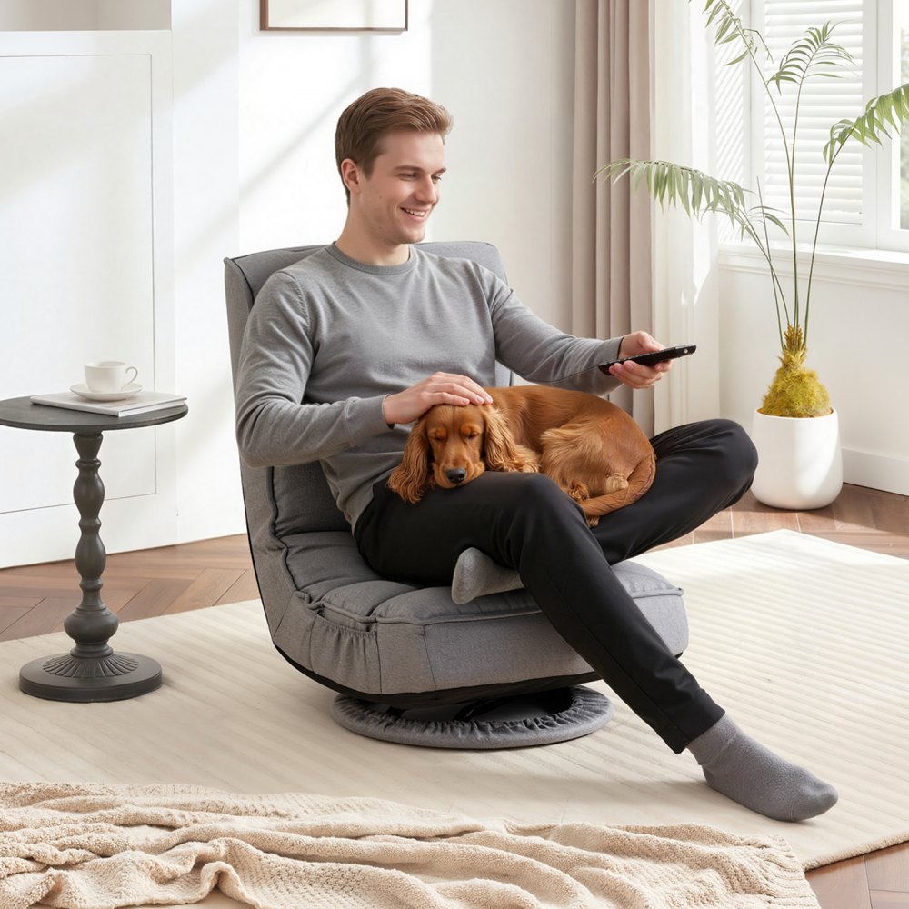 VEVOR Swivel Floor Gaming Chair, 360-Degree Rotating Floor Chair with 4 Adjustable Position Folding Backrest, Metal Frame with Recycled Foam and Linen Fabric, for Watching TV, Reading, Relaxing, Gray