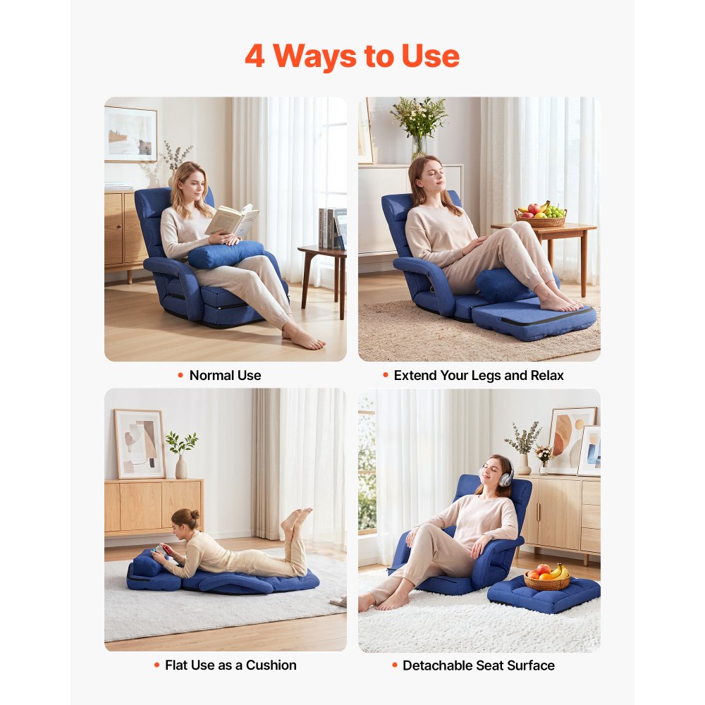 VEVOR Floor Chair, 5 Adjustable Positions Folding Floor Gaming Chair with Back Support, Armrests, and Cushion, Sturdy Metal Frame with Recycled Foam and Linen Fabric, for Reading, Relaxing, Dark Blue