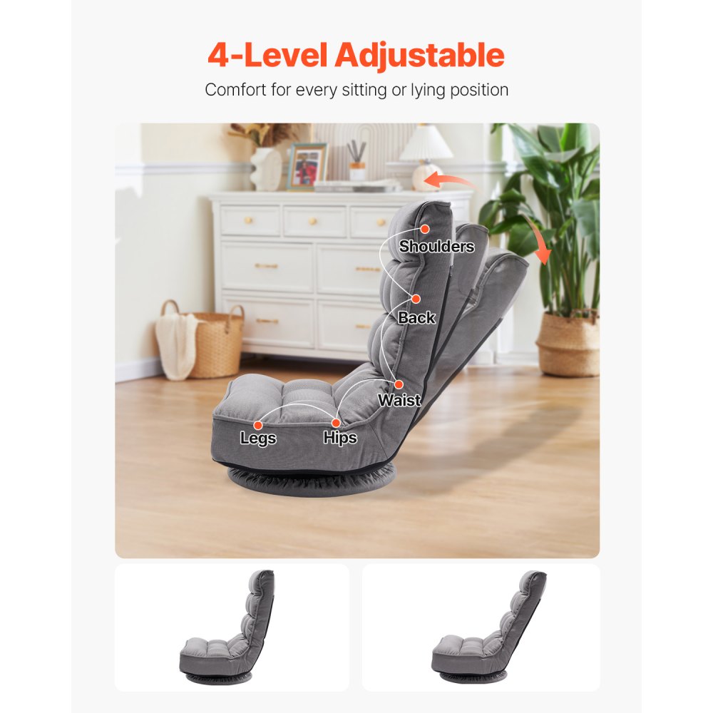 VEVOR Swivel Floor Gaming Chair, 360-Degree Rotating Floor Chair with 4 Adjustable Position Folding Backrest and Lumbar Support, Folding Video Reclining Sofa for Watching TV Reading Playing Game, Gray
