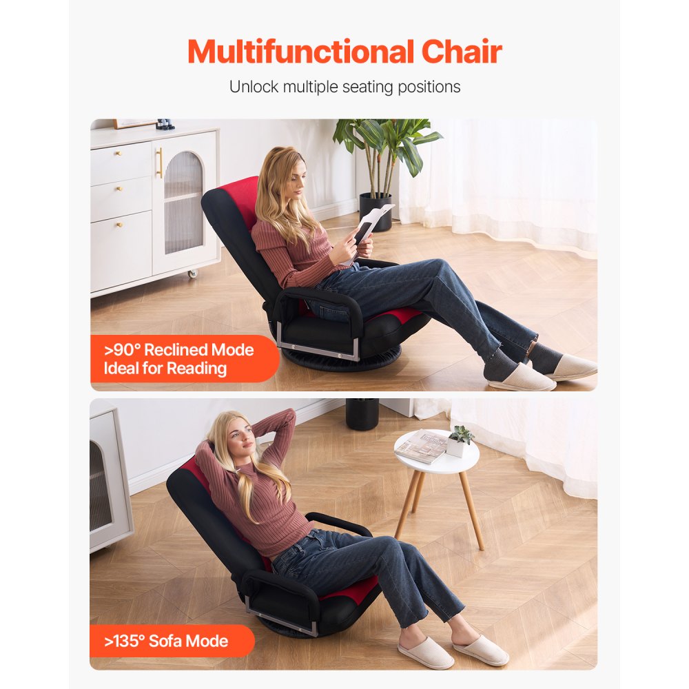 VEVOR Swivel Floor Gaming Chair with Armrests, 360-Degree Rotating Floor Chair with 6 Adjustable Position Folding Backrest and Lumbar Support, Folding Video Reclining Sofa for TV Reading, Red Black