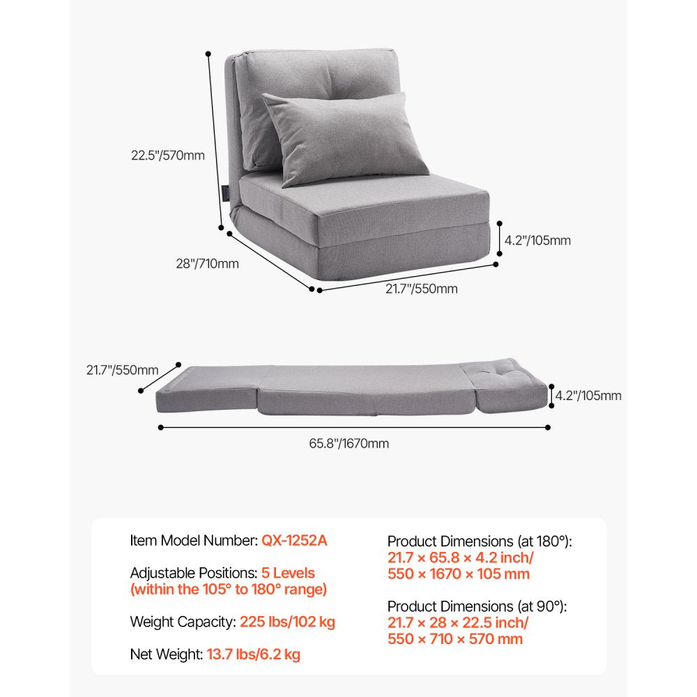 VEVOR Convertible Flip Chair, 5-Position Adjustable Floor Lazy Sofa, Folding Upholstered Couch Bed with Adjustable Backrest Metal Frame and Pillow, Folding Sofa Bed Chair for Living Room Bedroom, Gray
