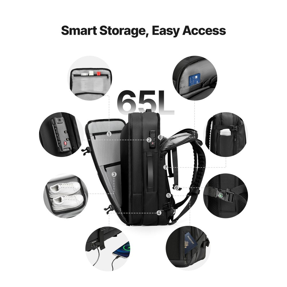 VEVOR Vacuum Travel Backpack, 65L, Expandable Vacuum Seal Compression Travel Backpack with Pump, with TSA-Approved Lock, Airback Vacpack, Water-Resistant Carry-On Suitcase Luggage, for Business, Black