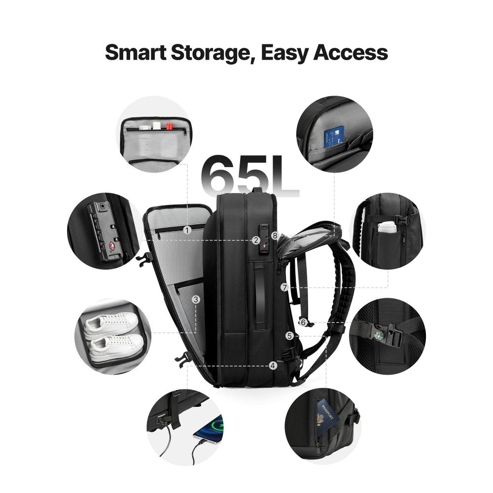 VEVOR Vacuum Travel Backpack, 65L, Expandable Vacuum Seal Compression Travel Backpack, with TSA-Approved Lock, Multiple Pockets Compartments, Water-Resistant Carry-On Suitcase Luggage, No Pump, Black