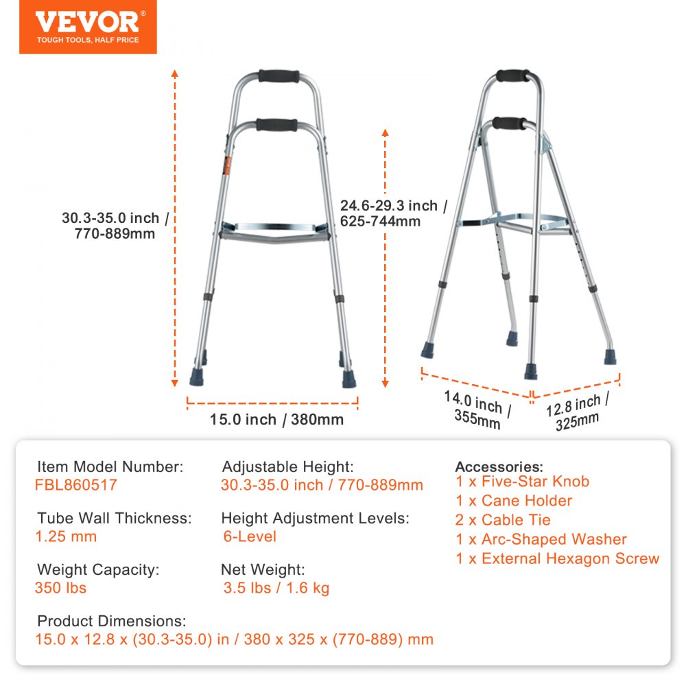 VEVOR Folding Hemi Walker, One Arm Folding Walker for Seniors with 6-Level Adjustable Height, Lightweight Aluminum | Side One-Hand Style Mobility Aid for Elderly Handicapped Disabled, Up to 350LBS