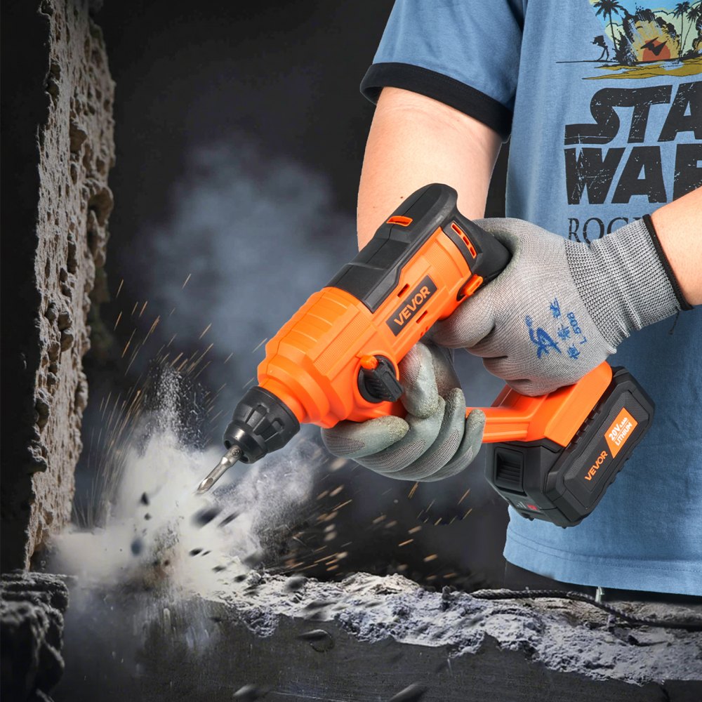 VEVOR 20V Cordless Hammer Drill, Lithium-Ion 0.6 Inch Rotary Hammer Driver, SDS-Plus Electric Lightweight Power Tool Kit with Battery and Charger, 2 Functions, 1000 RPM, 5100 BPM