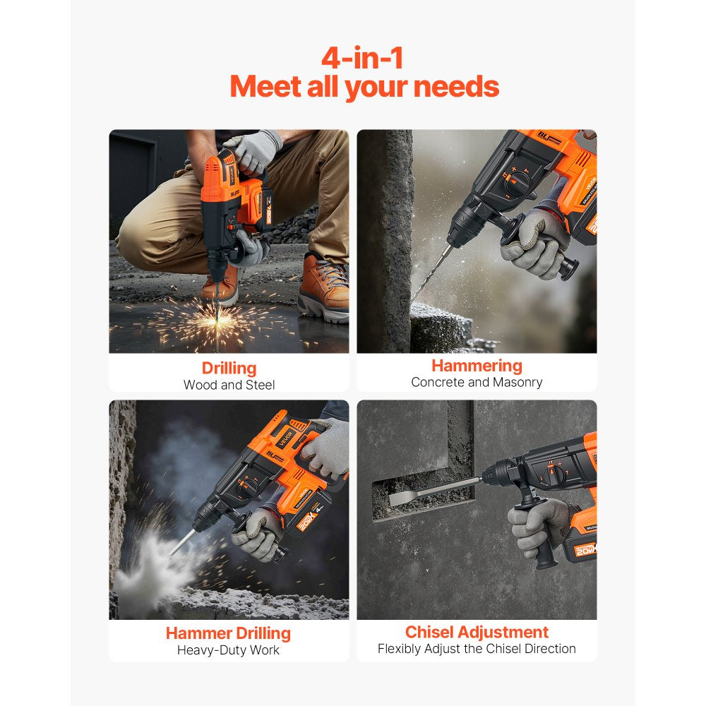 VEVOR 20V Brushless Cordless Hammer Drill, Lithium-Ion 1 Inch Rotary Hammer Driver, SDS-Plus Electric Lightweight Power Tool Kit with Battery and Charger, 4 Functions, 1200 RPM, 5300 BPM