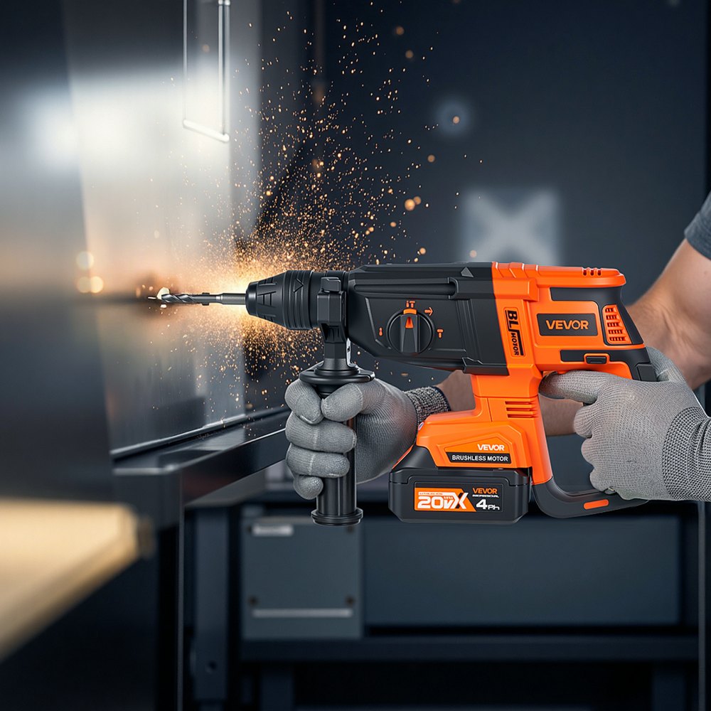 VEVOR 20V Brushless Cordless Hammer Drill, Lithium-Ion 1 Inch Rotary Hammer Driver, SDS-Plus Electric Lightweight Power Tool Kit with Battery and Charger, 4 Functions, 1200 RPM, 5300 BPM