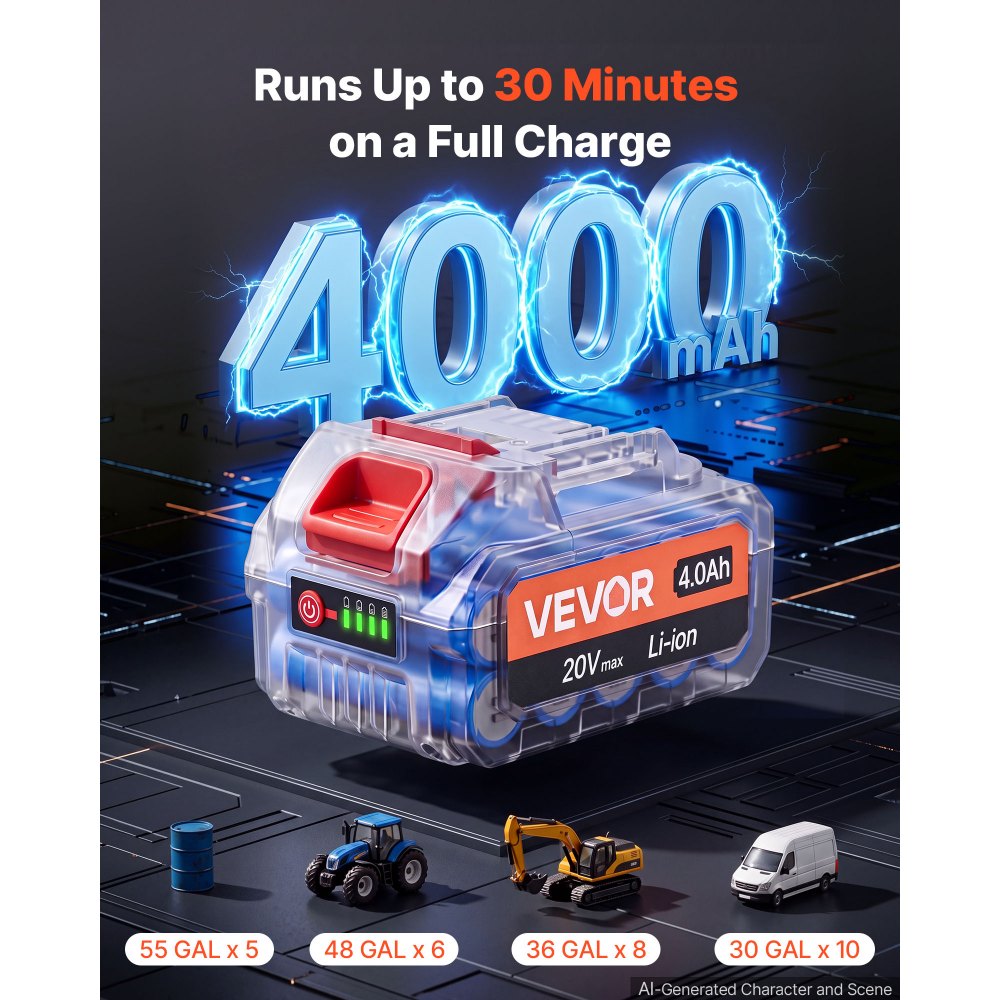 VEVOR Fuel Transfer Pump Battery Powered 12 GPM Portable Diesel Pump Kit, for Diesel Kerosene Fueling on Farm Boat Truck Tractor, 4.0Ah Battery, 1/4 HP Motor, with Manual Fuel Nozzle, Discharge Hose