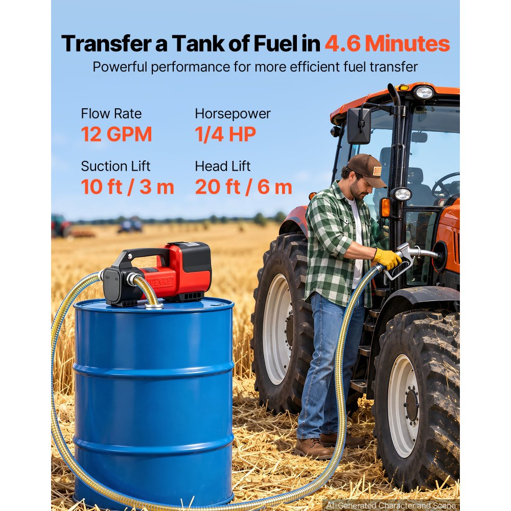 VEVOR Fuel Transfer Pump Battery Powered 12 GPM Portable Diesel Pump Kit, for Diesel Kerosene Fueling on Farm Boat Truck Tractor, 4.0Ah Battery, 1/4 HP Motor, with Manual Fuel Nozzle, Discharge Hose