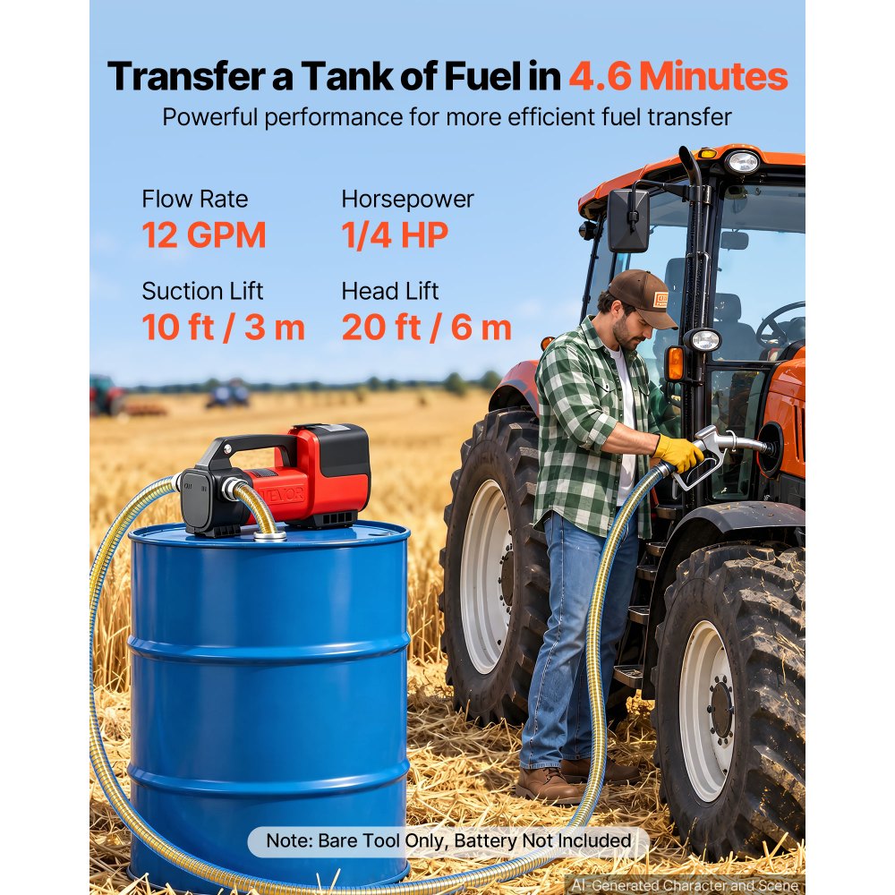 VEVOR Fuel Transfer Pump Battery Powered 12 GPM Portable Diesel Pump Kit, for Diesel Kerosene Fueling on Farm Boat Truck Tractor, 1/4 HP Motor, with Manual Fuel Nozzle & Hose, Battery Not Included