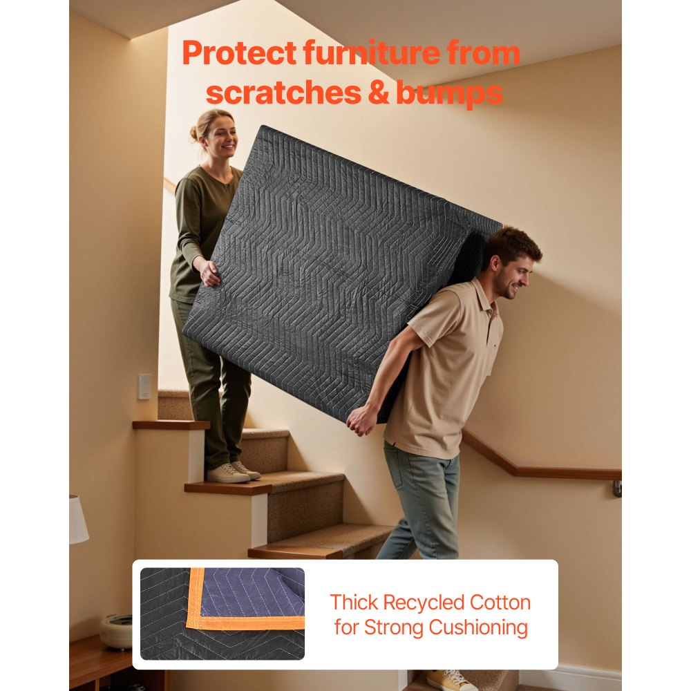VEVOR Moving Blankets 12 Pcs, 72 x 40 in (32 lbs/dz) Large Packing Blankets with Cotton Filling, Heavy Duty Nonwoven Fabric Padded Moving Blanket for Shipping, Wrapping, Protecting Furniture
