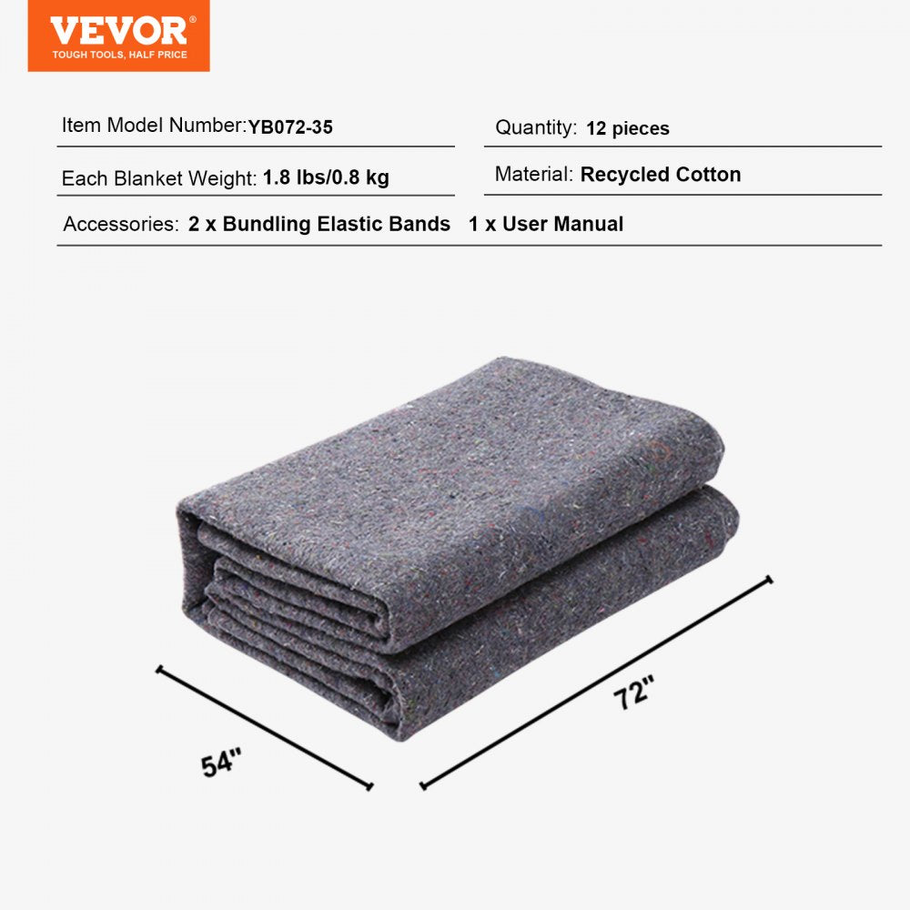 VEVOR Moving Blankets, 72" x 54", 21 lbs/dz Weight, 12 Packs, Professional Recycled Cotton Packing Blanket, Large Heavy Duty Shipping Mover Pads Perfect for Protecting Furniture, Floors, Appliances
