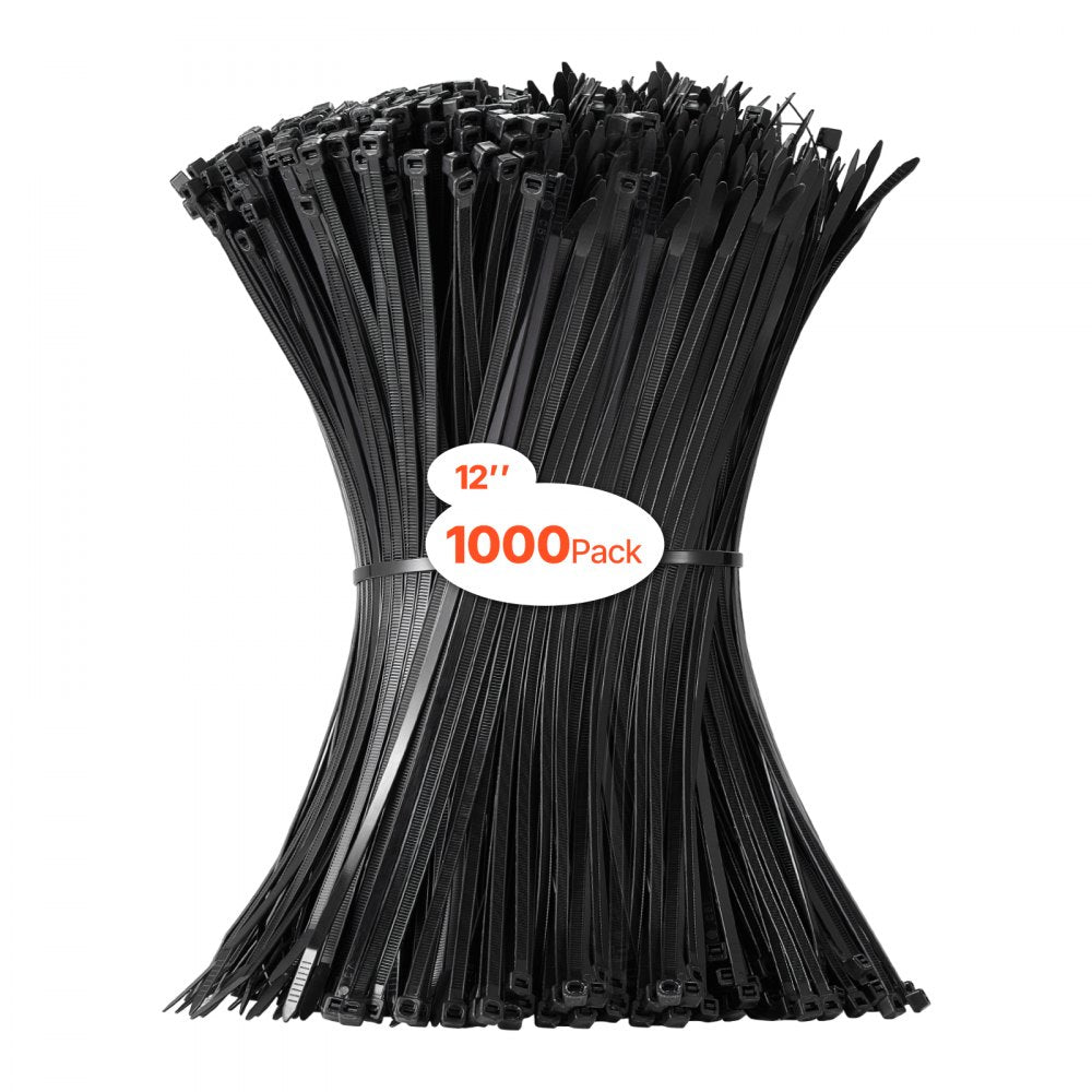 VEVOR 1000 Pack Cable Zip Ties, 12-inch Heavy Duty Cable Wire Ties with 50LBS High Tensile Strength, Multi-Purpose Self-Locking Nylon Tie Wraps, Heat & Cold Resistant for Indoor and Outdoor Use