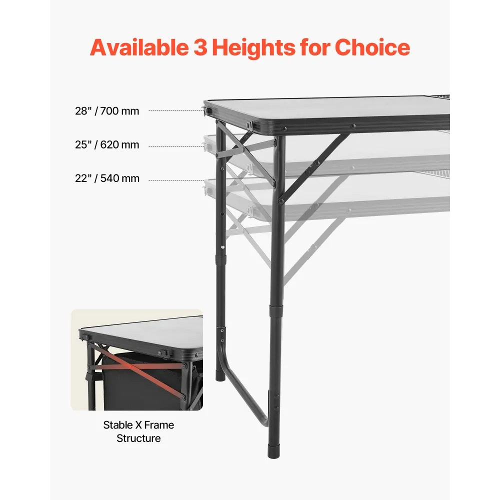 VEVOR Camping Kitchen Table, Folding Outdoor Cooking Table, 3 Adjustable Heights, Aluminum Lightweight Portable Cook Station with Storage Organizer, Carry Handle, for BBQ Party Picnic RV Travel, Black