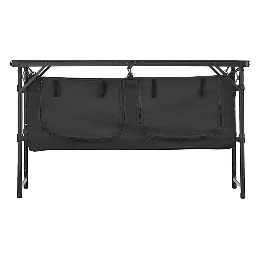 VEVOR Camping Kitchen Table, Folding Outdoor Cooking Table, 3 Adjustable Heights, Aluminum Lightweight Portable Cook Station with Storage Organizer, Carry Handle, for BBQ Party Picnic RV Travel, Black