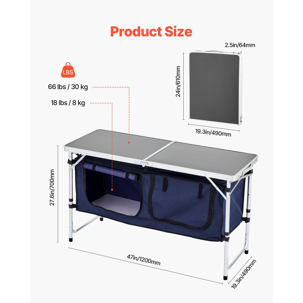 VEVOR Camping Kitchen Table, Folding Outdoor Cooking Table, 3 Adjustable Height, Aluminum Lightweight Portable Cook Station with Storage Organizer, Carry Handle, for BBQ Party Picnic RV Travel, Blue